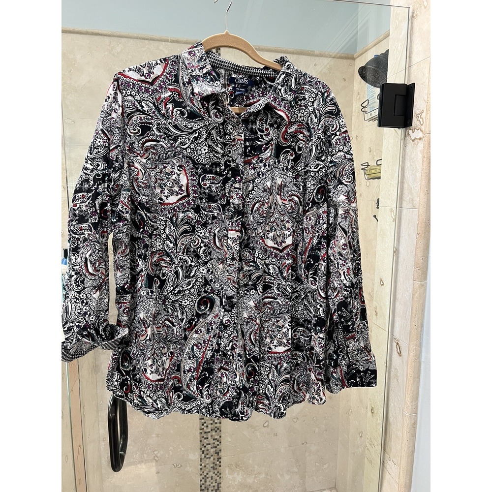 Chaps Women's Shirt Blouse Plus 3X Paisley No Iron Flip Cuff 100% Cotton